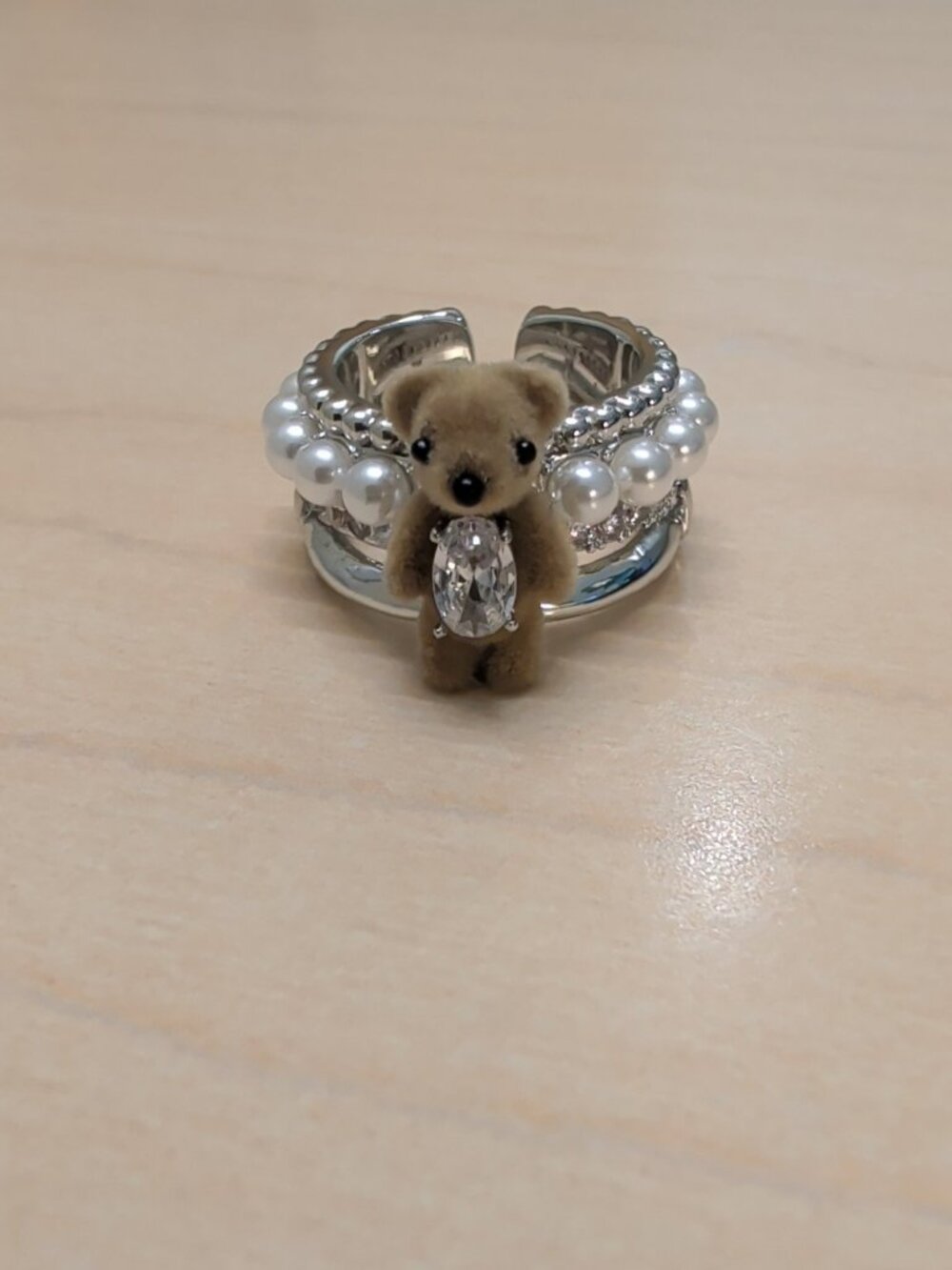 YVMIN Flocked Teddy Bear Open Ring – Adjustable Faux Pearl Zircon Ring